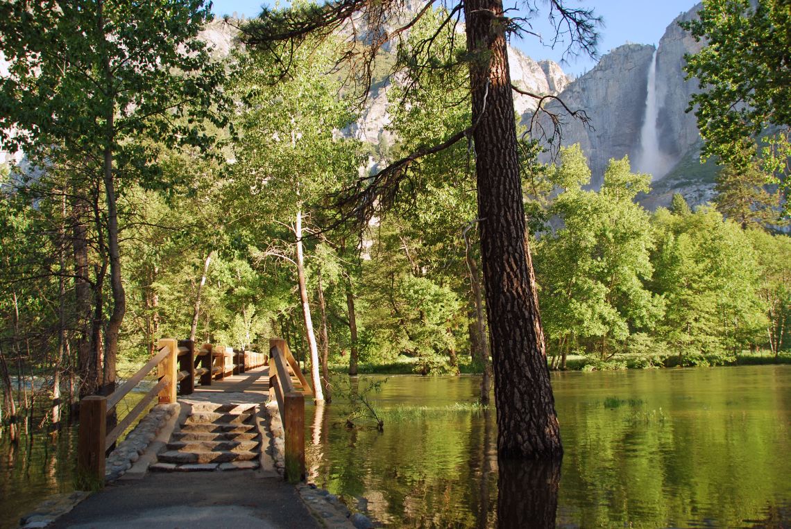 Yosemite National Park- Sentinel Meadows, reflejos de las Yosemite Falls en las praderas inundadas.
