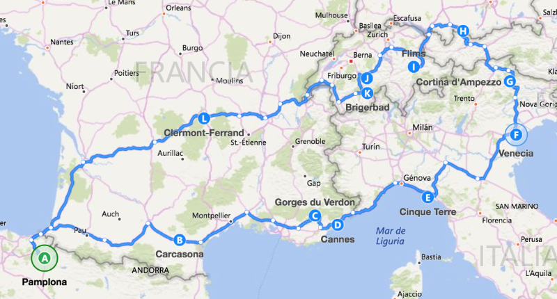 Ruta de nuestro viaje por Europa (Francia, Suiza, Alemania e Italia) en caravana y furgoneta.