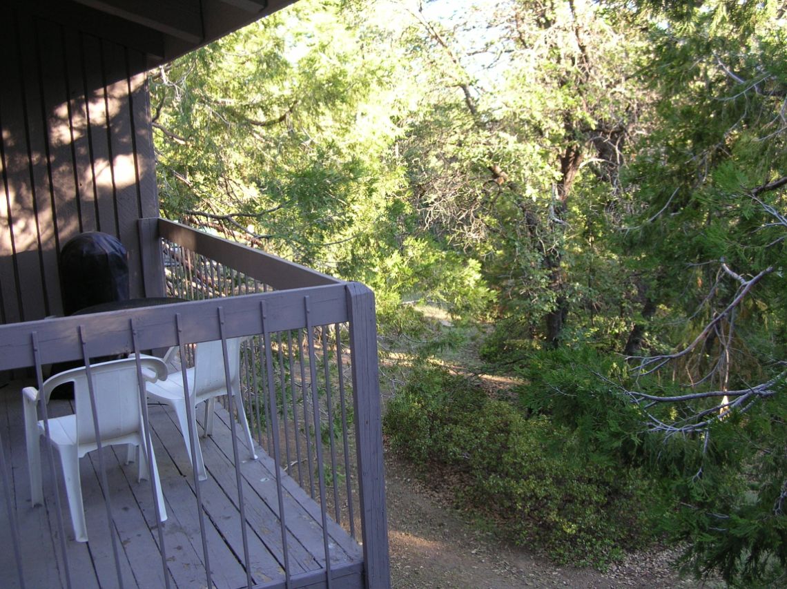 Alojamiento en Yosemite - Apartamentos Yosemite West Condominiums. Vista de la terraza de uno de los apartamentos. Está en medio de un bosque.
