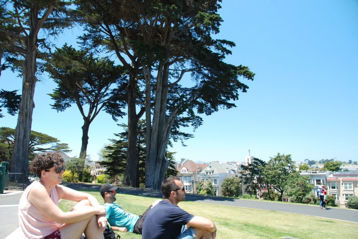 San Francisco - Descansando en el parque de Alamo Square con vistas a las famosas Painted Ladies de Padres Forzosos.