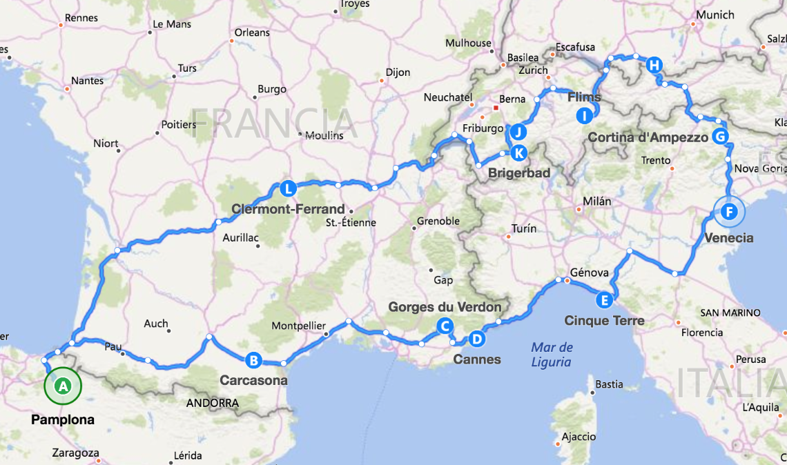 Ruta de nuestro viaje por Europa (Francia, Suiza, Alemania e Italia) en caravana y furgoneta.